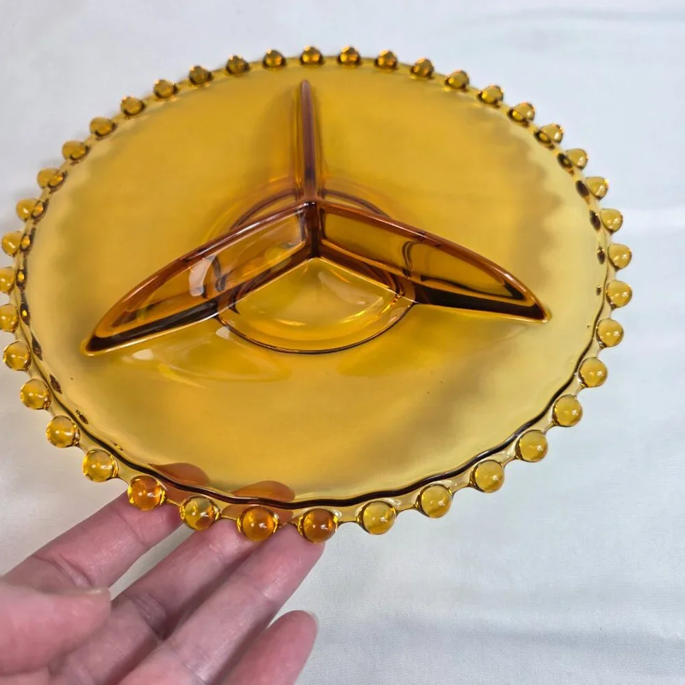 Vintage Amber Three Part Divided Relish Dish Platter Candlewick Style Edge